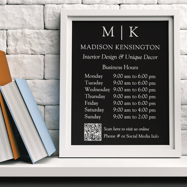 Poster Monogramme ou ajouter un logo Heures d'affaires QR (Edit to Customize text, colors and more)