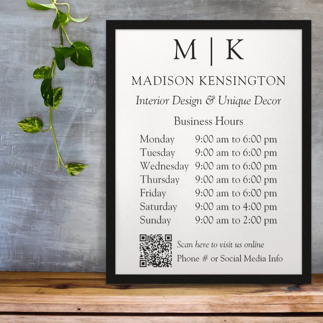 Poster Monogramme ou ajouter un logo Heures d'ouverture Q (Edit to Customize text, colors and more)