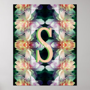 Poster Monogramme personnalisé initiale nom art pivoine