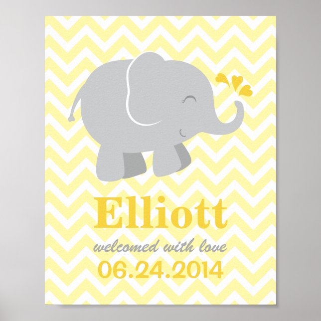 Poster Monogramme personnalisé moderne d'éléphant jaune e (Devant)