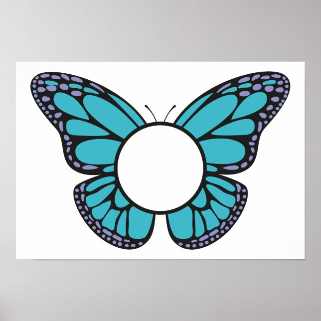Poster Monogramme rond papillon bleu clair personnalisé (Devant)