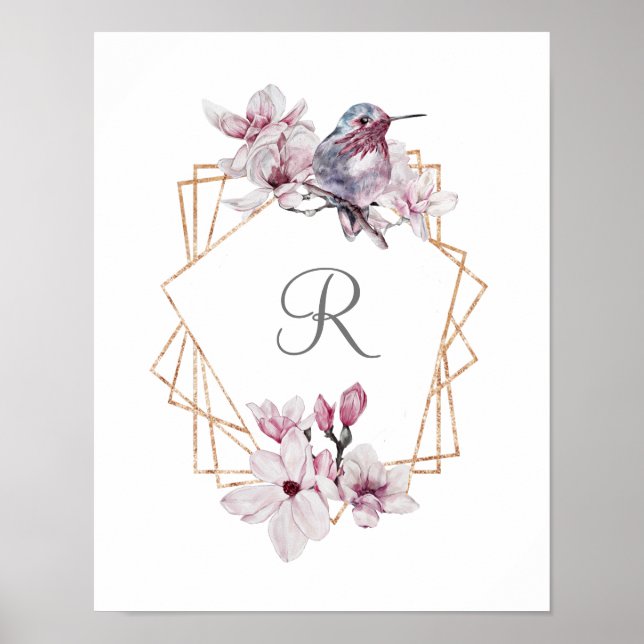 Poster Monogramme rose blanc Magnolias Bird Gold Frame (Devant)