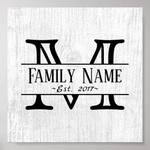 Poster Monogramme Rustique White Wood Nom de famille