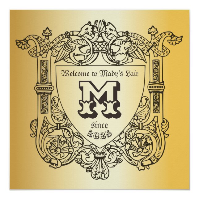 Poster Monogramme victorien Emblem Bouclier d'or (Devant)