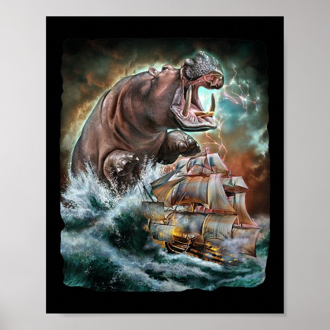 Poster Monster Hippo Dans L'Attaque De Kraken D'Un Bateau (Devant)