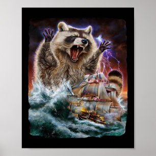 Poster Monster Raccoon En Attaque De Kraken À Un Bateau D