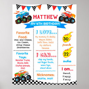 Poster Monster Voitures de Camion Anniversaire Jalon Post