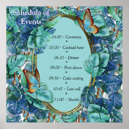 Poster Monstera bleu turquoise Feuilles et papillons