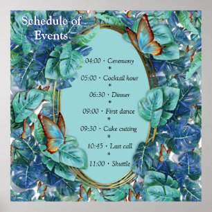 Poster Monstera bleu turquoise Feuilles et papillons