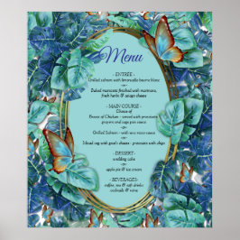 Poster Monstera bleu turquoise Feuilles et papillons
