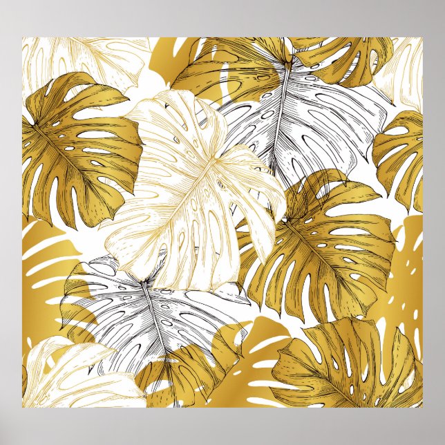 Poster Monstera Feuilles : Blanc doré (Devant)