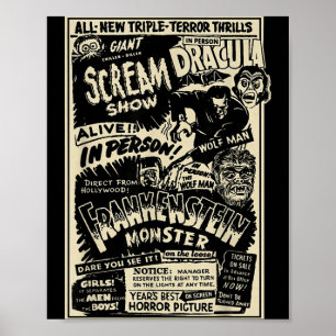 Poster Monstre de film d'horreur Momie Dracula Loup-garou
