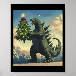 Poster Monstre japonais Kaiju portant un sapin de Noël