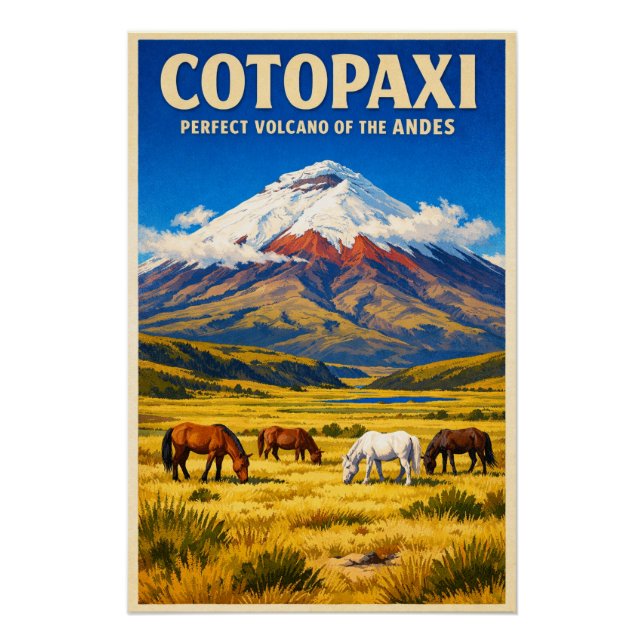 Poster Mont Cotopaxi, Équateur, dans un style rétro (Devant)