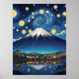 Poster mont fuji à la nuit étoilée