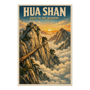 Poster Mont Hua (Huashan), Chine, dans un style rétro cla