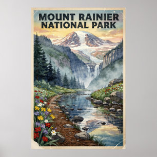 Poster Mont Rainier Parc National Aquarelle Rétro