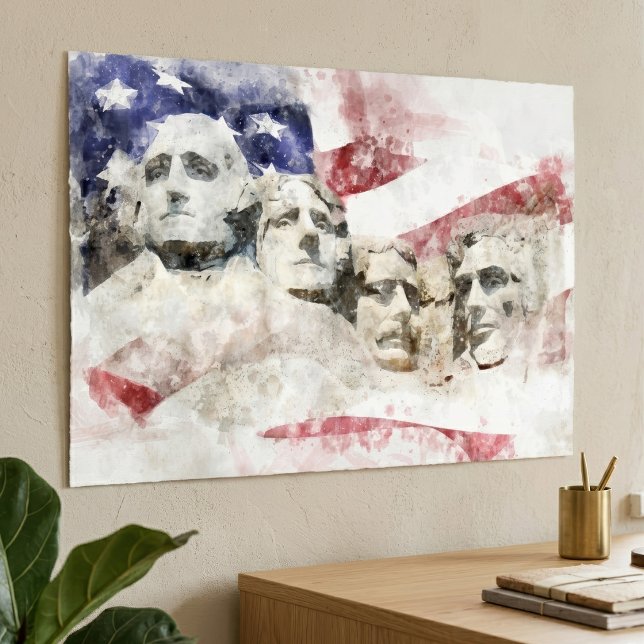 Poster Mont Rushmore Aquarelle avec drapeau américain (Mount Rushmore Watercolor with American Flag. Poster)