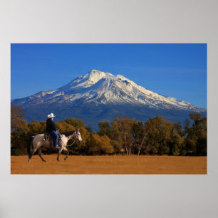 POSTER MONT SHASTA AVEC CHEVAL ET RIDER