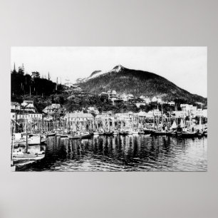 Poster Montagne de flotte de pêche et de cerfs communs