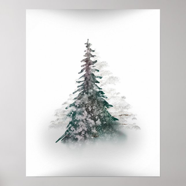 Poster Montagne neigeuse avec arbre solitaire (Devant)