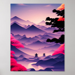 Poster Montagnes d'aquarelle japonaises