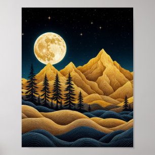 Poster Montagnes éclairées par la lune et forêt de pins