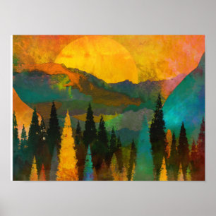 Poster Montagnes et arbres Abstraits - Moderne du milieu 