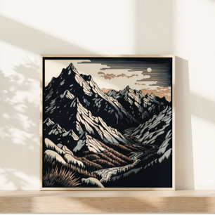 Poster Montagnes Nature Paysage Vintage voyage Linocut