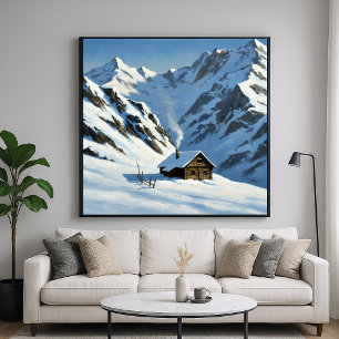 Poster Montagnes neigeuses Cabine - Style paysage peint