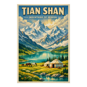 Poster Montagnes Tian Shan, Chine, dans un style rétro cl