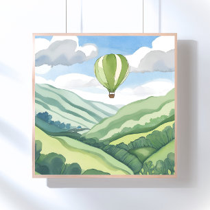 Poster Montgolfière   Paysage aquarelle vert