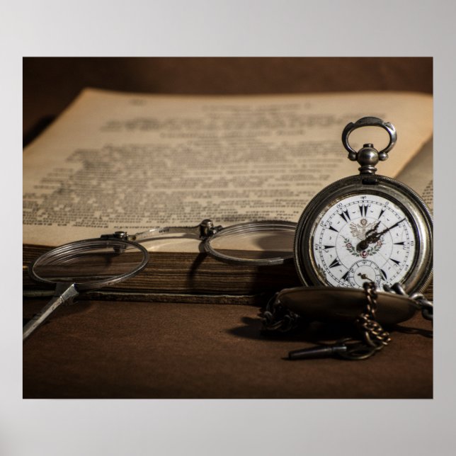 Poster Montre d'antiquité et lunettes de grand-père (Devant)