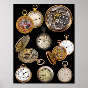 Poster Montres de poche Temps Steampunk Objets Collage