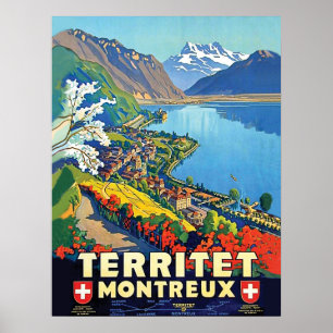 Poster Montreux, Vue aérienne, montagnes, lac, Suisse