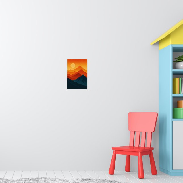 Poster Monts paysage rétro illustration rouge bleu (Pépinière 1)