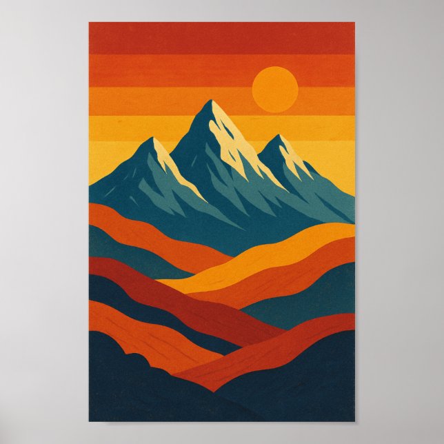Poster Monts paysage rétro illustration rouge bleu (Devant)