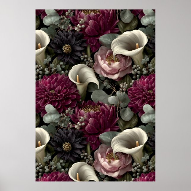 Poster Moody Floral Pattern with Dahlias and Calla Lilies (Devant)
