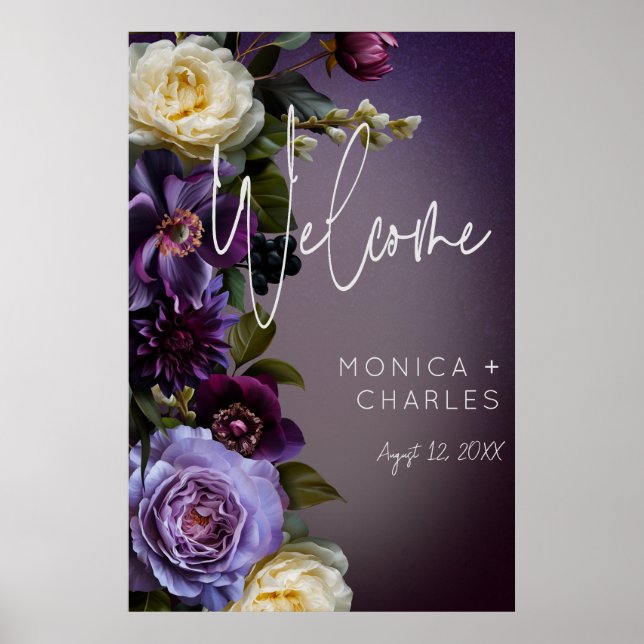 Poster Moody foncé violet & lavande Floral Mariage modern (Devant)