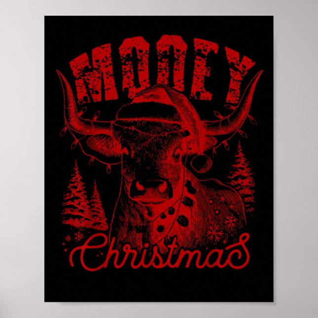 Poster Mooey Christmas Western Heifer Highland Cow Santa  (Devant)