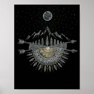 Poster Moon and Stars Night Sky Mountain Range Mandala