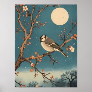 Poster - Moonlit Bird on Blossom Branch