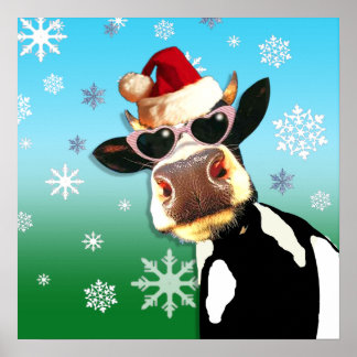 Poster Moooootiful Christmas Cow Santa Hat