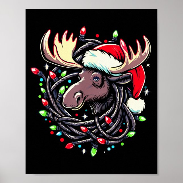 Poster Moose Christmas Santa Hat Lights Moose For Kids Wo (Devant)