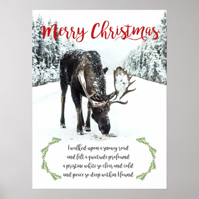 Poster Moose En Hiver Photo Neige Verset Joyeux Noël (Devant)
