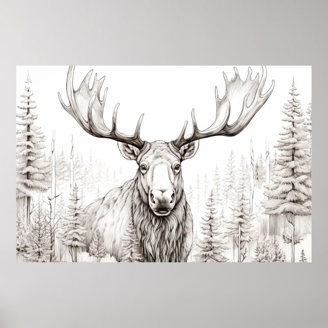 Poster Moose Nature paisible Prairie Sketch Style de dess (Devant)