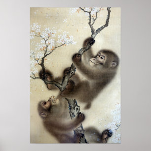 Poster Mori Sosen Monkeys in a Blossoming Cherry Tree