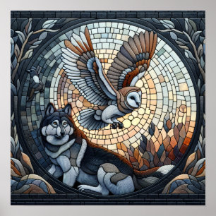 Poster Mosaïque de chouette et de loup Ai Art