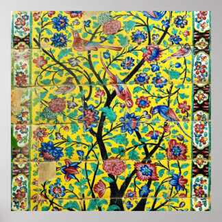 Poster Mosaïque de mosaïque d'oiseaux et de fleurs d'art 