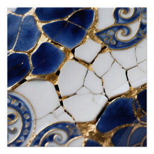 Poster Mosaïque en porcelaine bleu blanc or Kintsugi